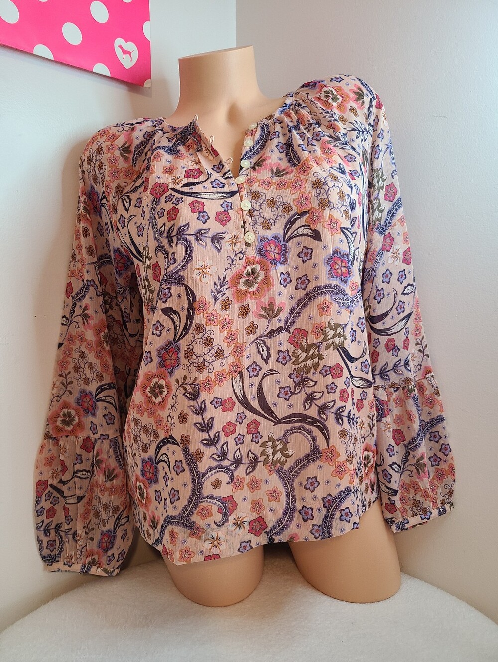 LOFT Pink Paisley Floral Chiffon Long Sleeve Peasant Blouse Size XS